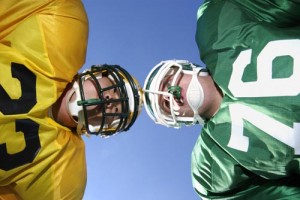 Two American football players at loggerheads